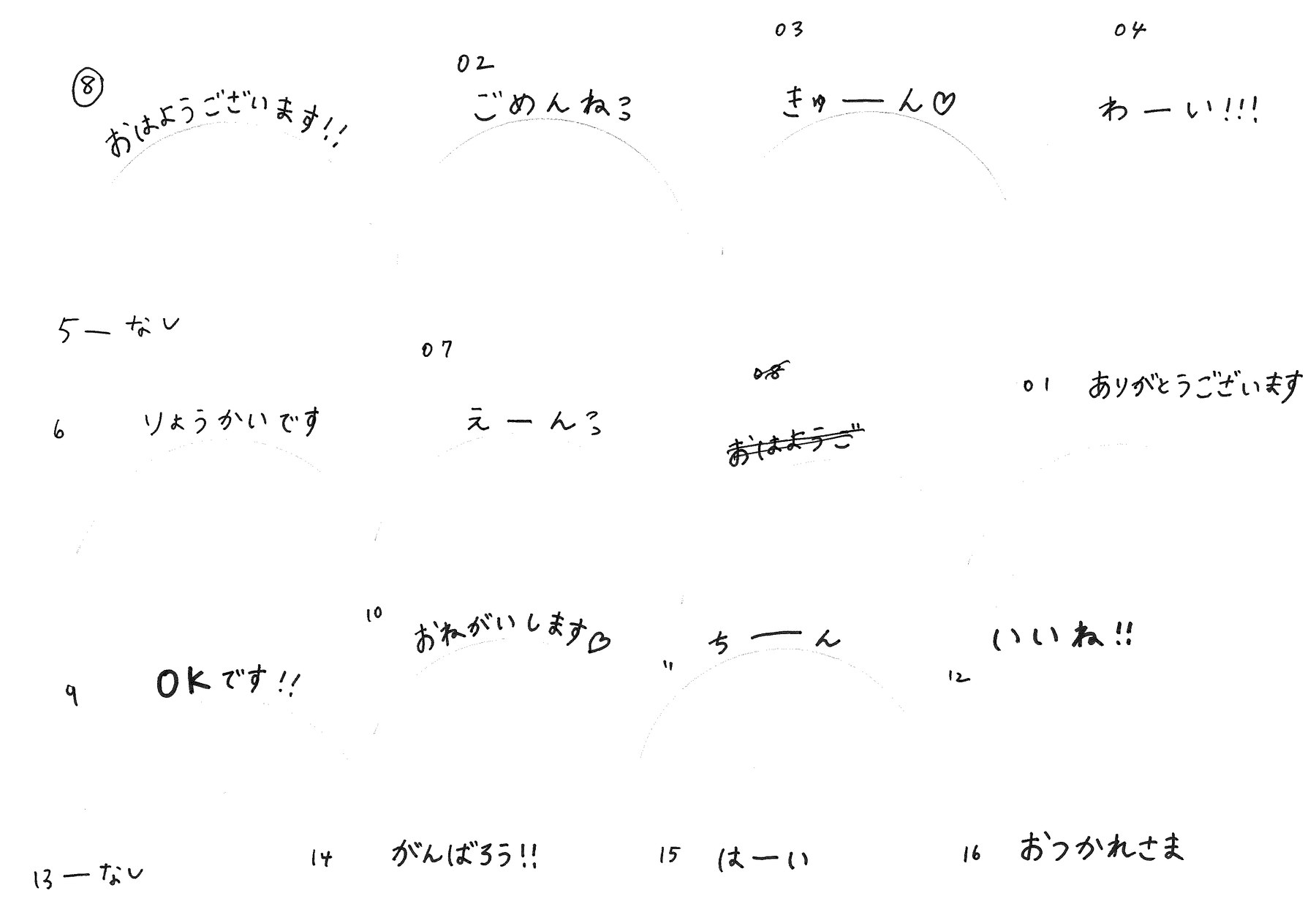 ありがとうございます、おつかれさまなど、スタンプに入れる言葉を手書きした紙