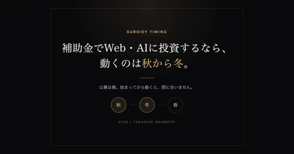 補助金でWeb・AIに投資するなら秋から冬に動く、という逆算を示したアイキャッチ