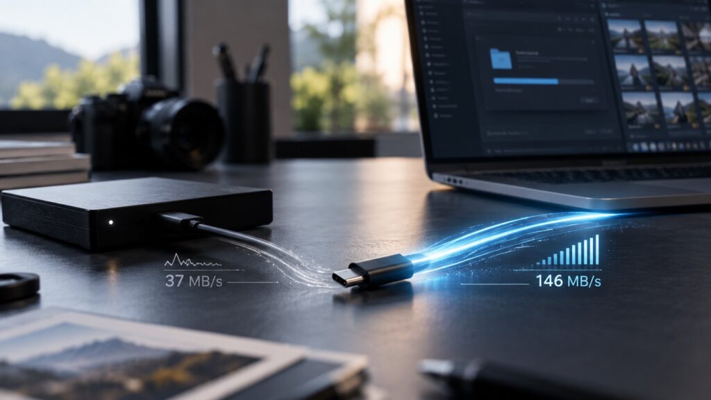 外付けドライブとノートPCをつなぐUSB-Cケーブル。左側に37MB/sの細い光、右側に146MB/sの明るい光の流れが描かれている